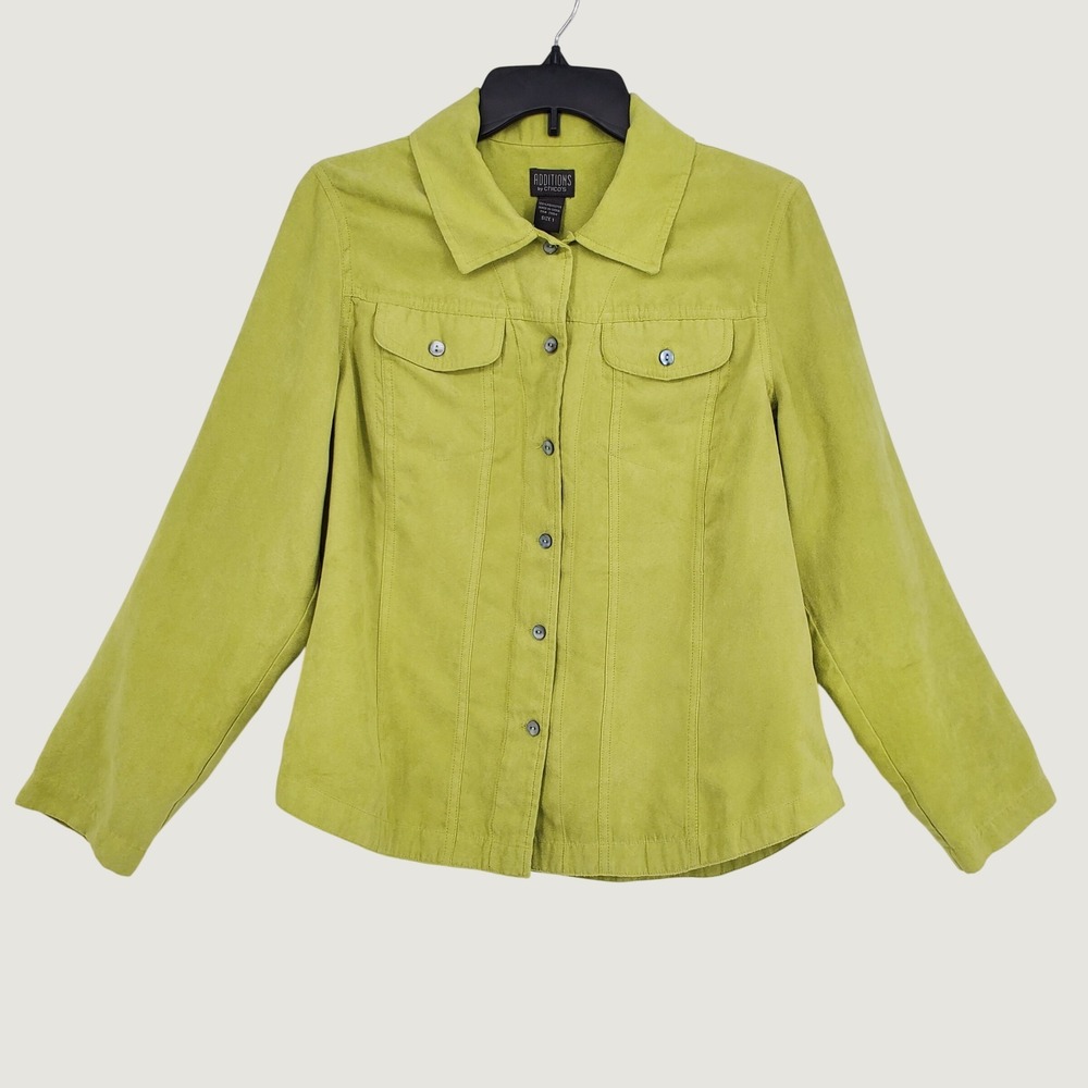 Additions by Chicos Chartreuse Green‎ Faux Suede Button Front Blouse Size 1 M